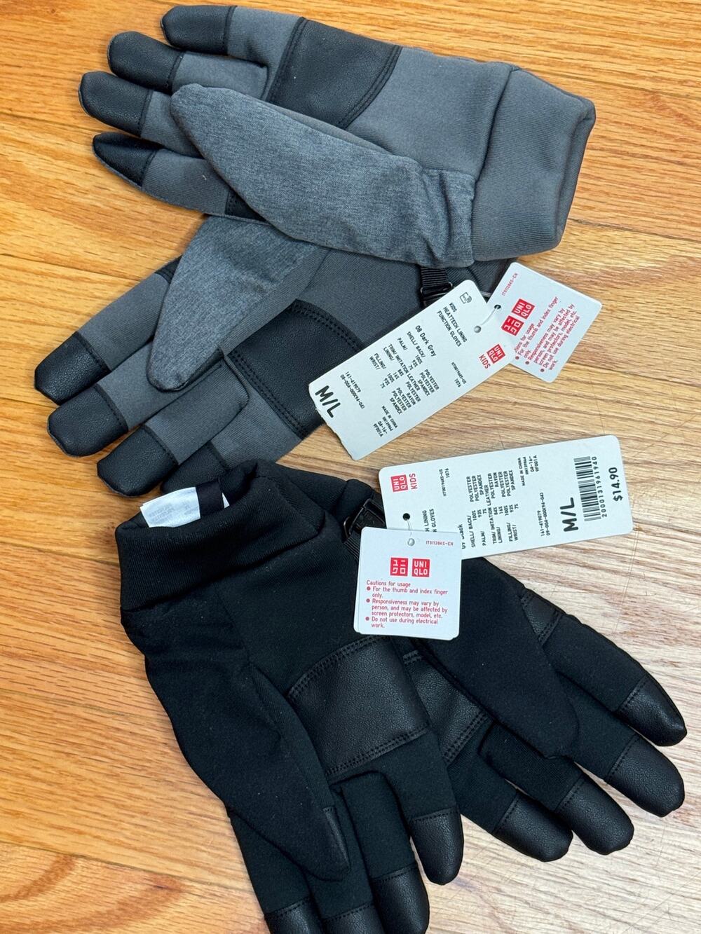 UNIQLO Kids Heattech Function Gloves, 2 Pairs, Black & Gray, Size M/L, NWT